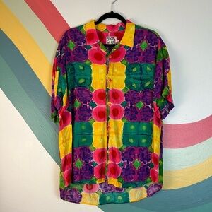 Vintage Jams World Colorful Abstract Floral Print Art-to-wear Button Up Top